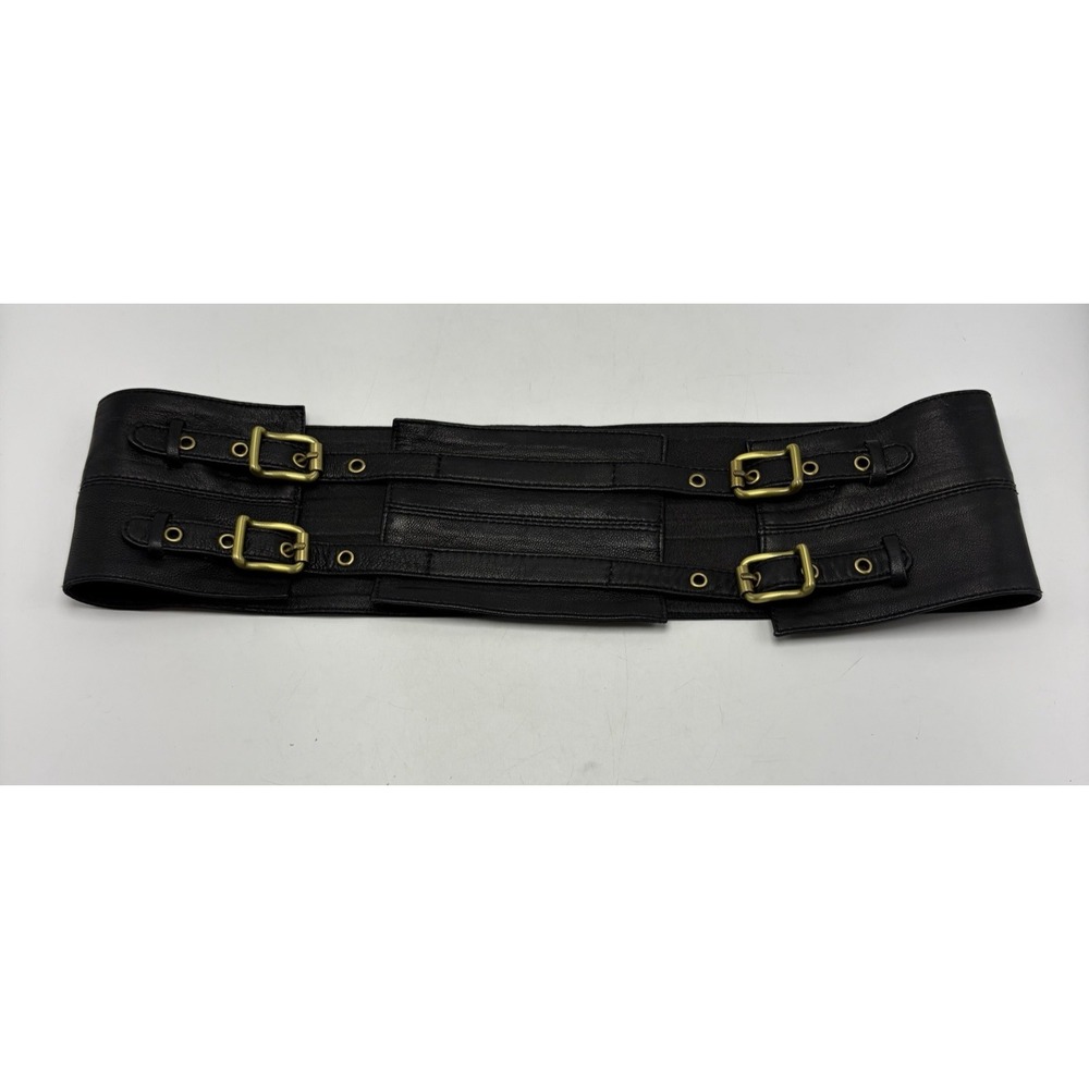 Statement Belt Womens Medium Wide Black Leather Waist Cinch Buckle Designer